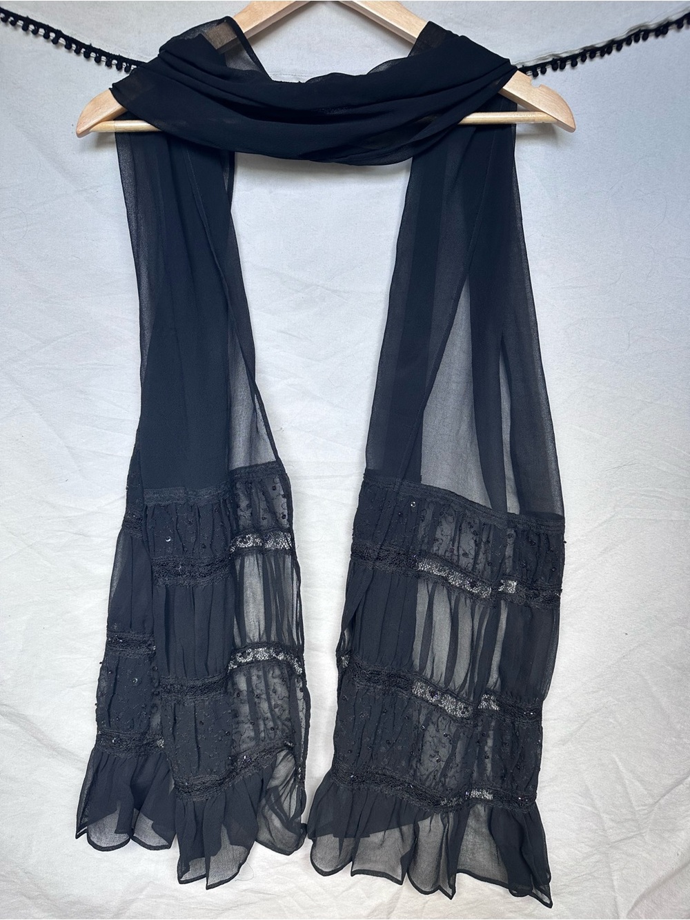 Valerie Stevens Black Sheer Ruffled Lace Trim Scarf NWOT